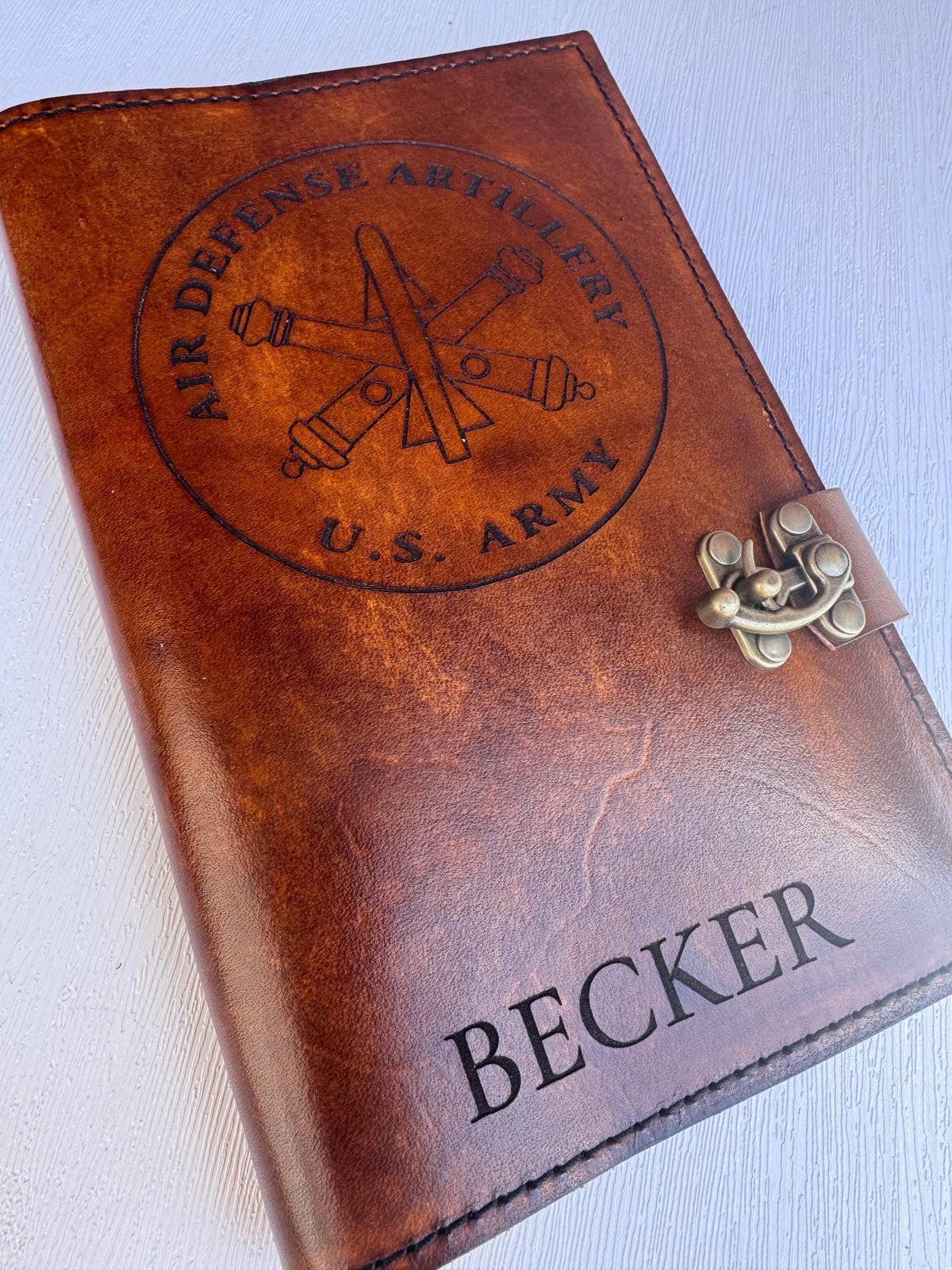 U.S. Army Air Defense Artillery Leather Green Book Cover | Personalized Military Notebook Cover