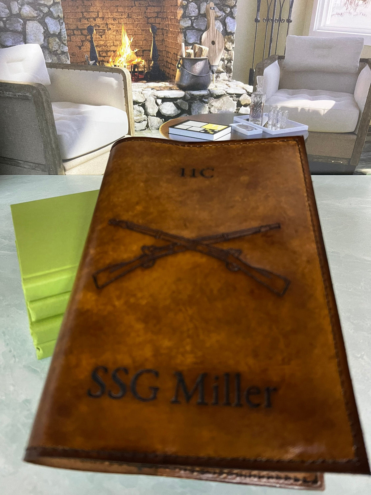 U.S. Army Infantry Crossed Rifles Leather Green Book Cover | Personalized Military Leader's Notebook