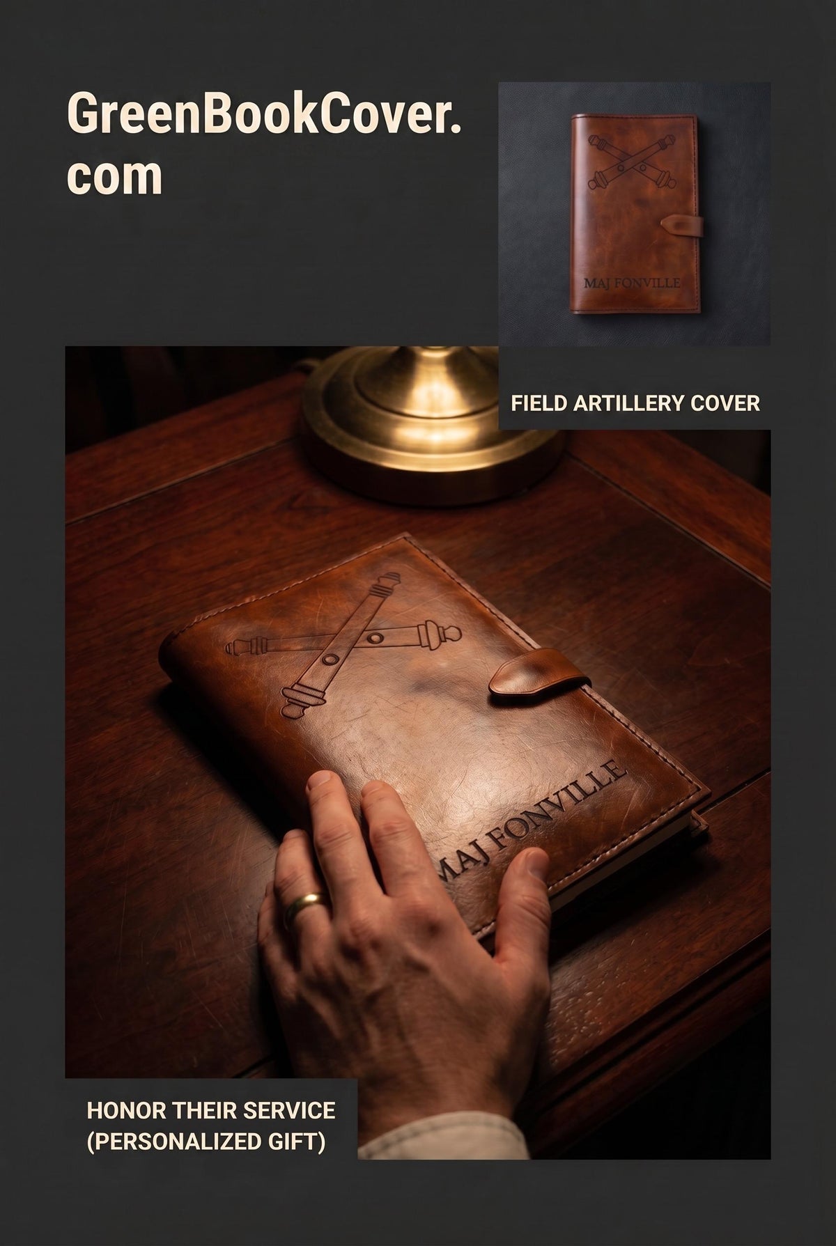 U.S. Army Field Artillery Crossed Cannons Leather Green Book Cover | Personalized Military Notebook Cover