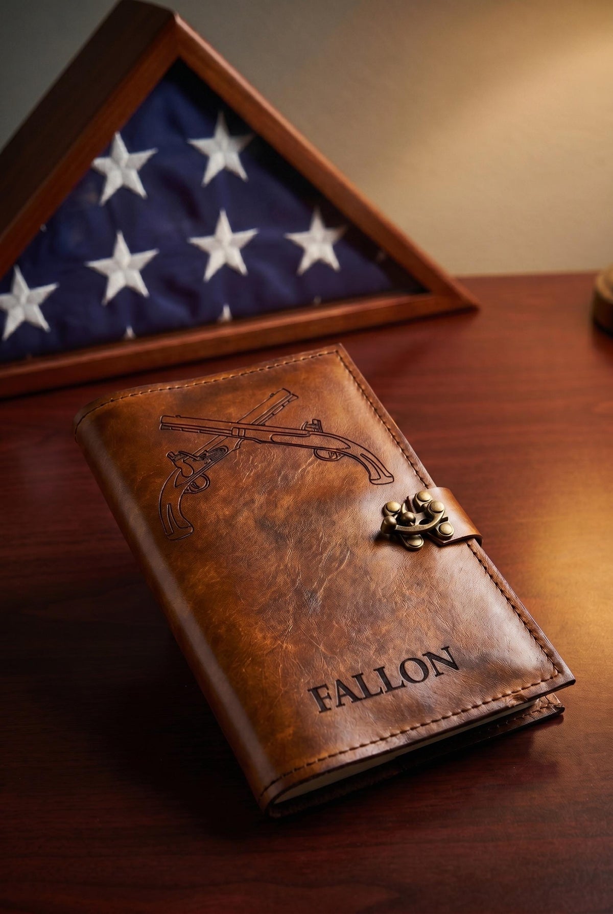 U.S. Army Infantry Crossed Rifles Leather Green Book Cover | Personalized Military Leader's Notebook