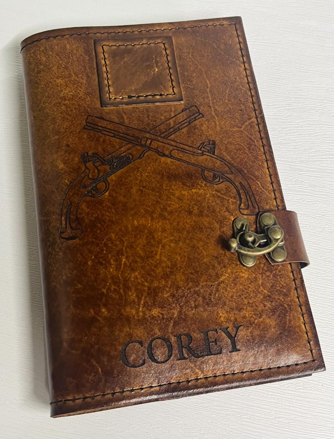 U.S. Army Military Police Crossed Pistols Leather Green Book Cover | Personalized MP Notebook Cover