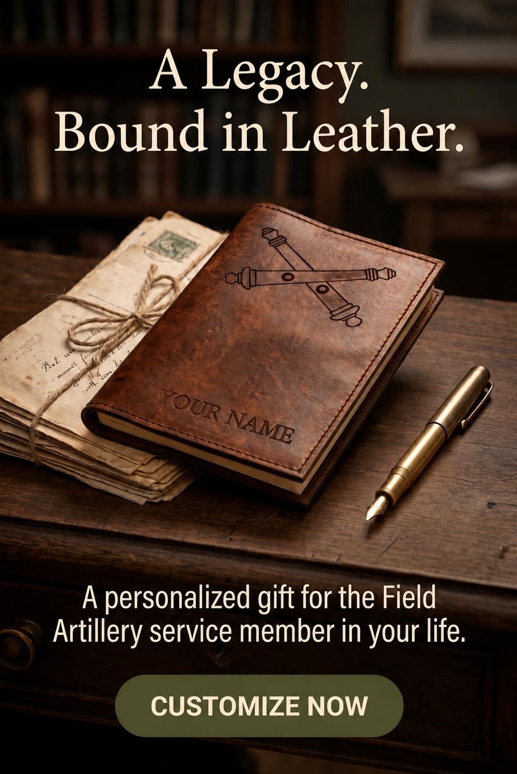 U.S. Army Field Artillery Crossed Cannons Leather Green Book Cover | Personalized Military Notebook Cover