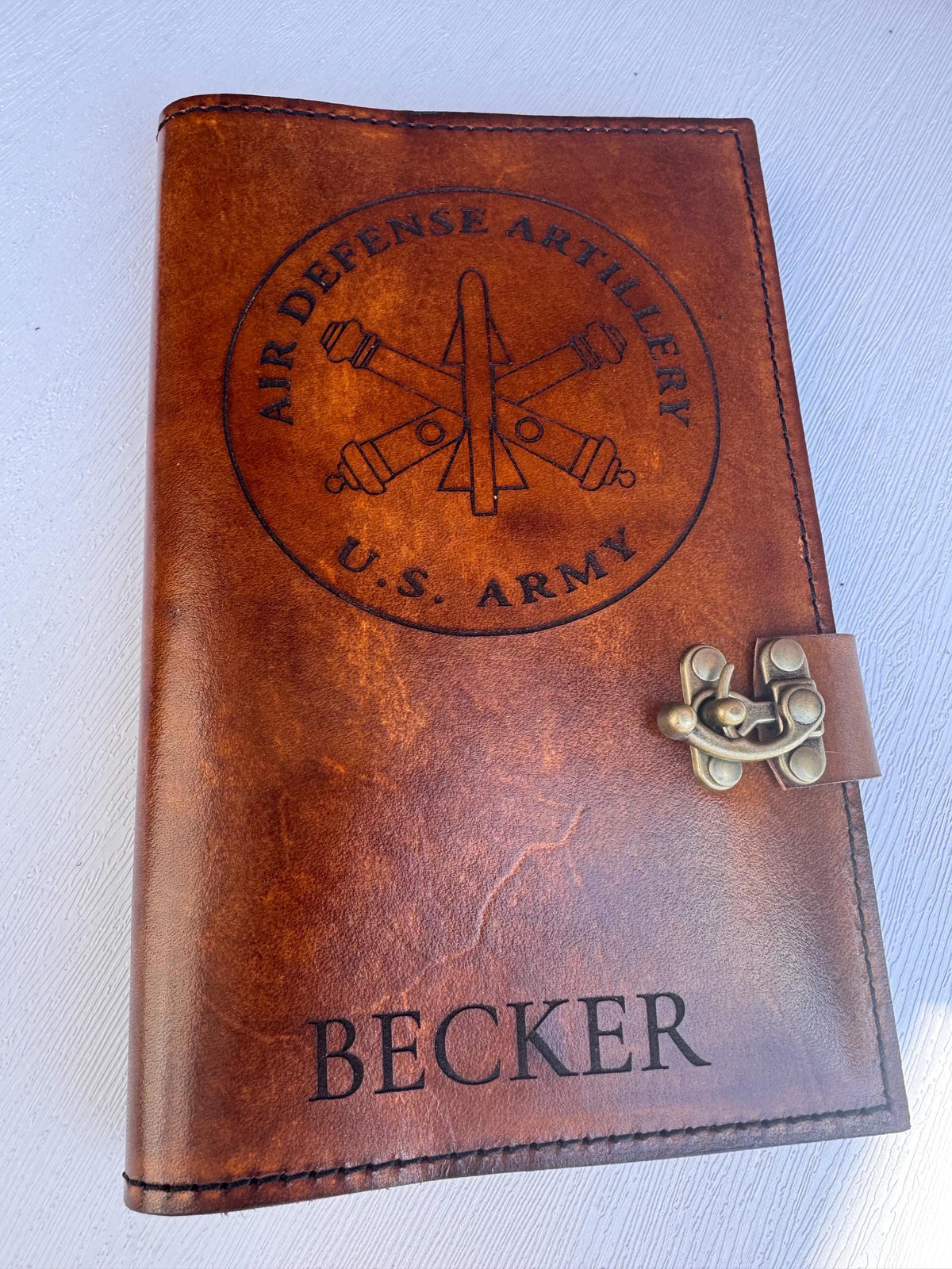 U.S. Army Air Defense Artillery Leather Green Book Cover | Personalized Military Notebook Cover