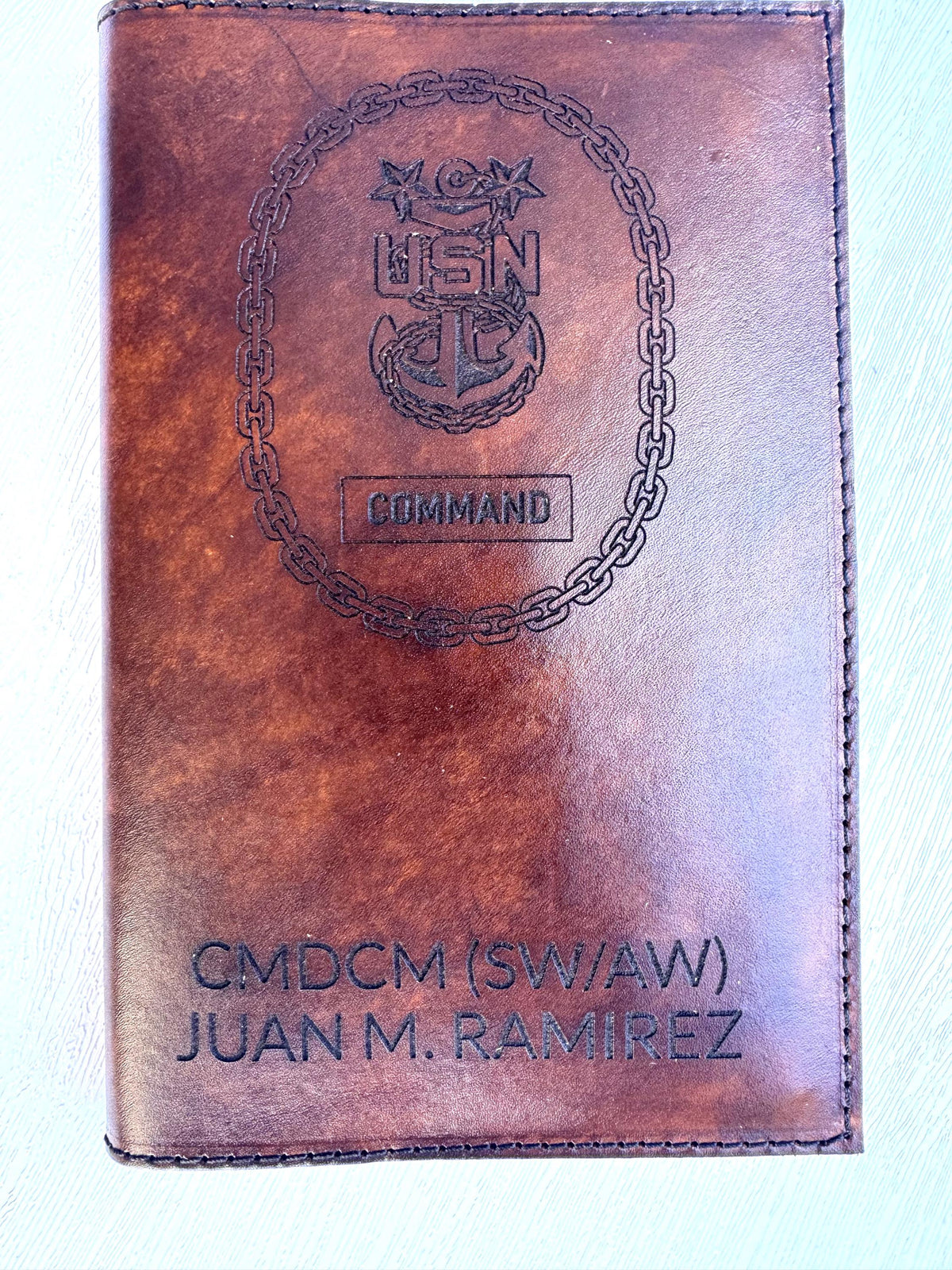 U.S. Navy Command Senior Chief Leather Book Cover | Personalized USN Military Notebook Cover