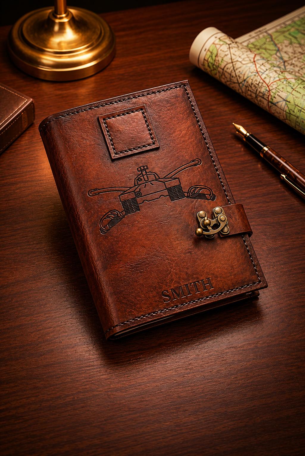 US Army Armor Insignia Leather Book Cover, Personalized Military Leader Book Journal
