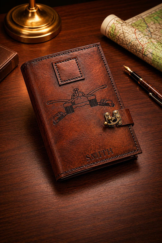US Army Armor Insignia Leather Book Cover, Personalized Military Leader Book Journal