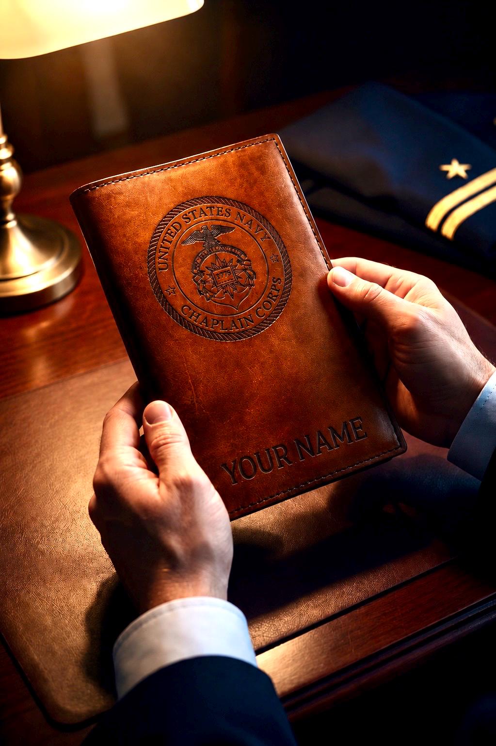 U.S. Navy Chaplain Corps Leather Book Cover | Personalized Military Green Book Cover