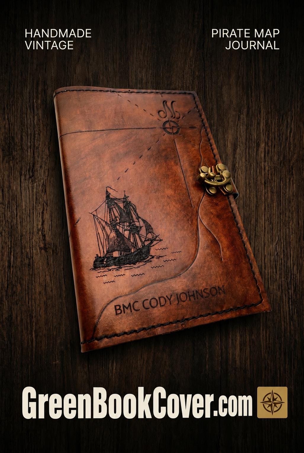 Pirate Map Leather Book Cover | Personalized Nautical Journal | Custom Military Green Book Cover