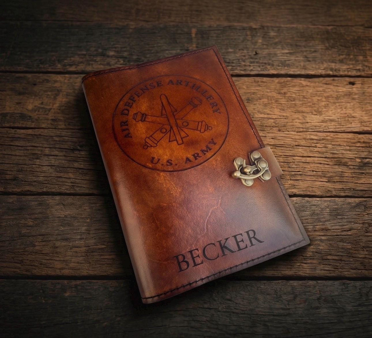 U.S. Army Air Defense Artillery Leather Green Book Cover | Personalized Military Notebook Cover