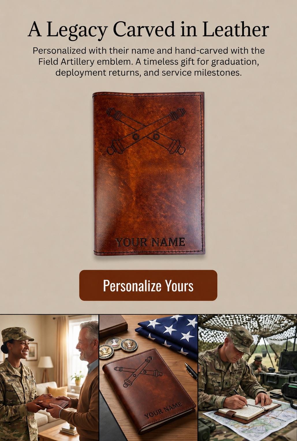 U.S. Army Field Artillery Crossed Cannons Leather Green Book Cover | Personalized Military Notebook Cover
