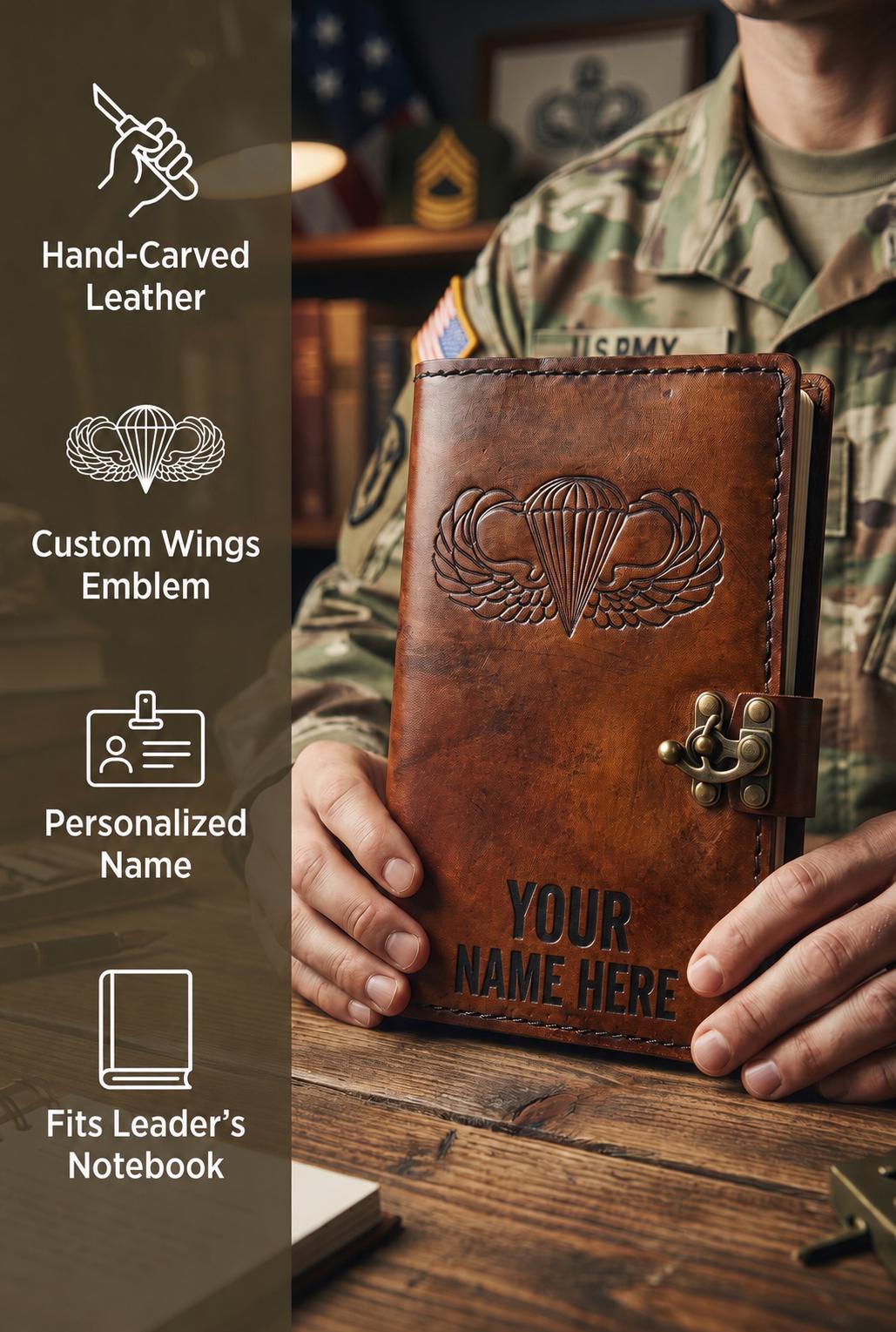 Personalized Parachutist Wings Leather Green Book Cover | Basic, Senior, Master &amp; Rigger