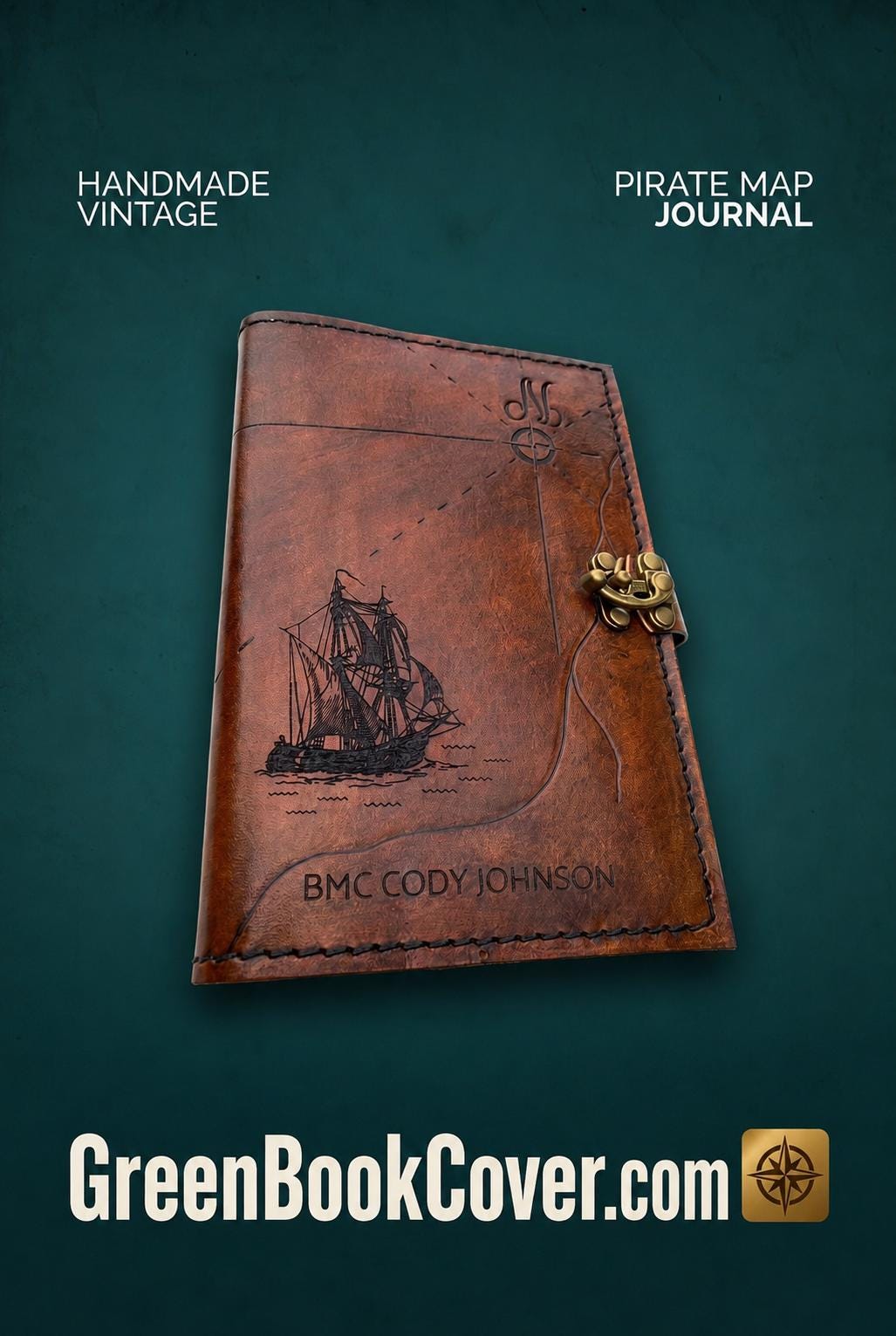 Pirate Map Leather Book Cover | Personalized Nautical Journal | Custom Military Green Book Cover