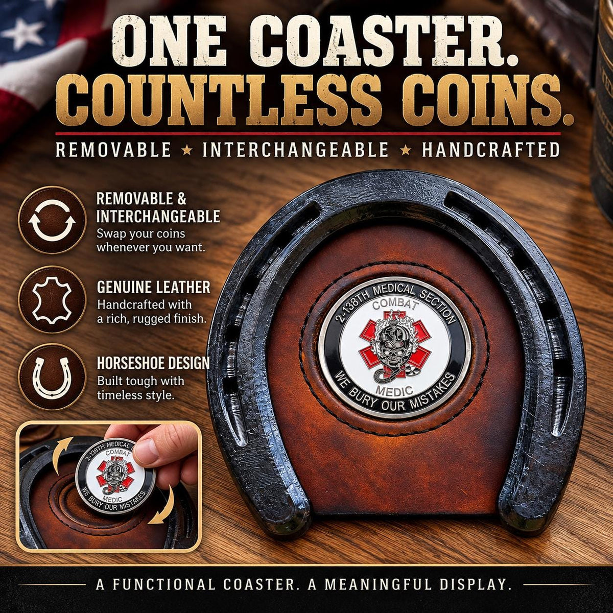 Military Challenge Coin Display Coaster | Leather Horseshoe Coaster | Veteran Gift | Military Retirement Gift | Coin Holder