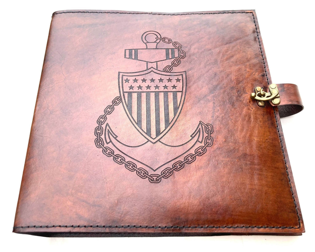 Personalized Leather USCG Chief Charge Book, Anchor Design, 3 Ring Binder Cover