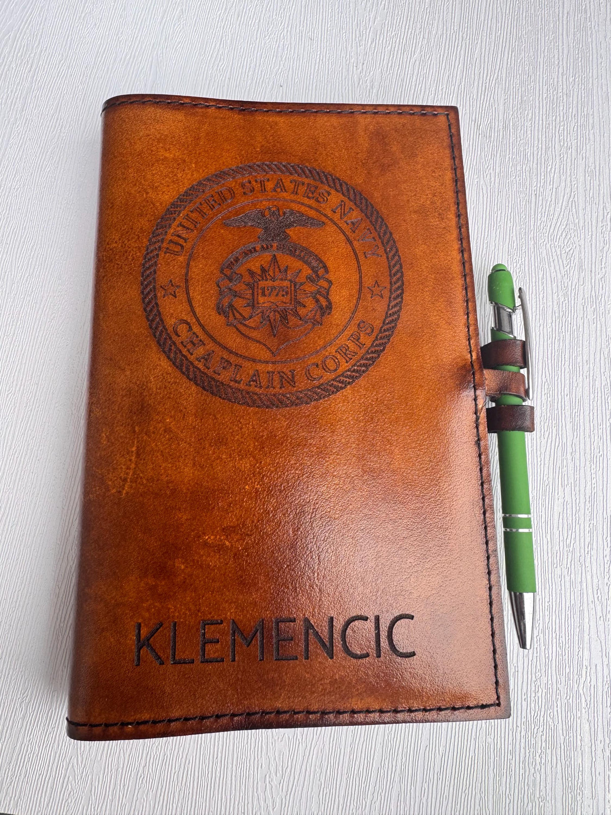 U.S. Navy Chaplain Corps Leather Book Cover | Personalized Military Green Book Cover