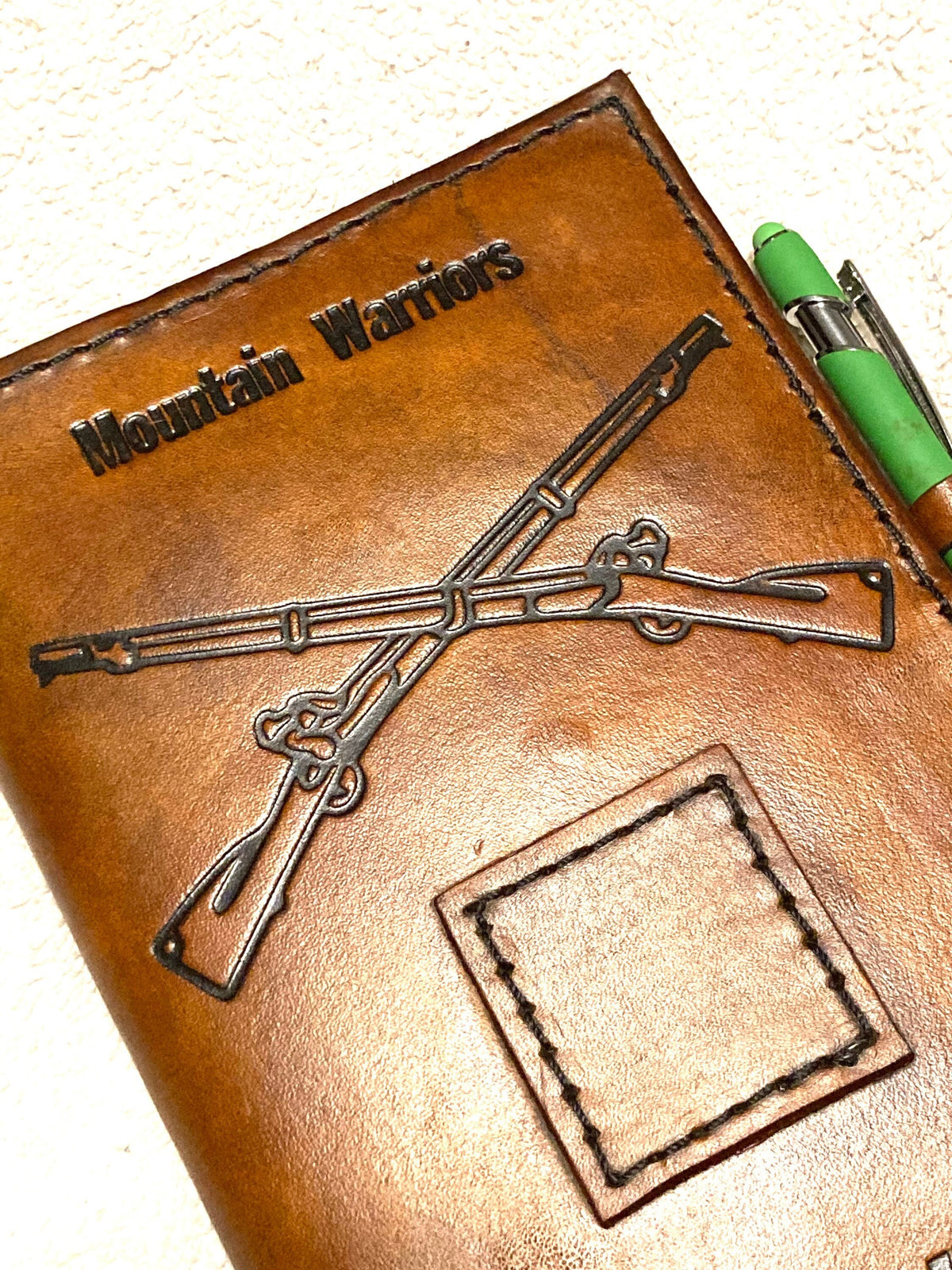 U.S. Army Infantry Crossed Rifles Leather Green Book Cover | Personalized Military Leader's Notebook
