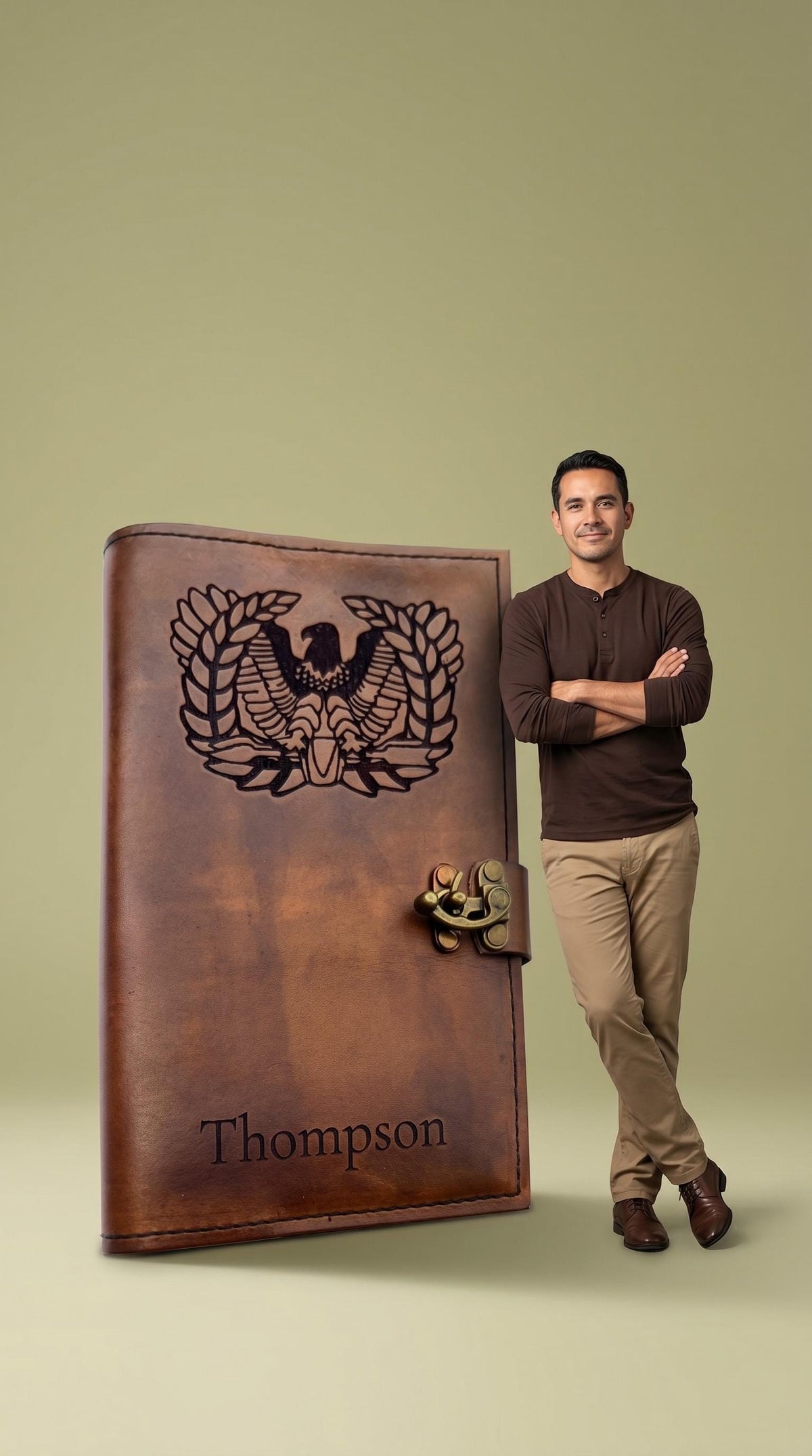 U.S. Army Warrant Officer Eagle Rising Leather Green Book Cover | Personalized Military Notebook