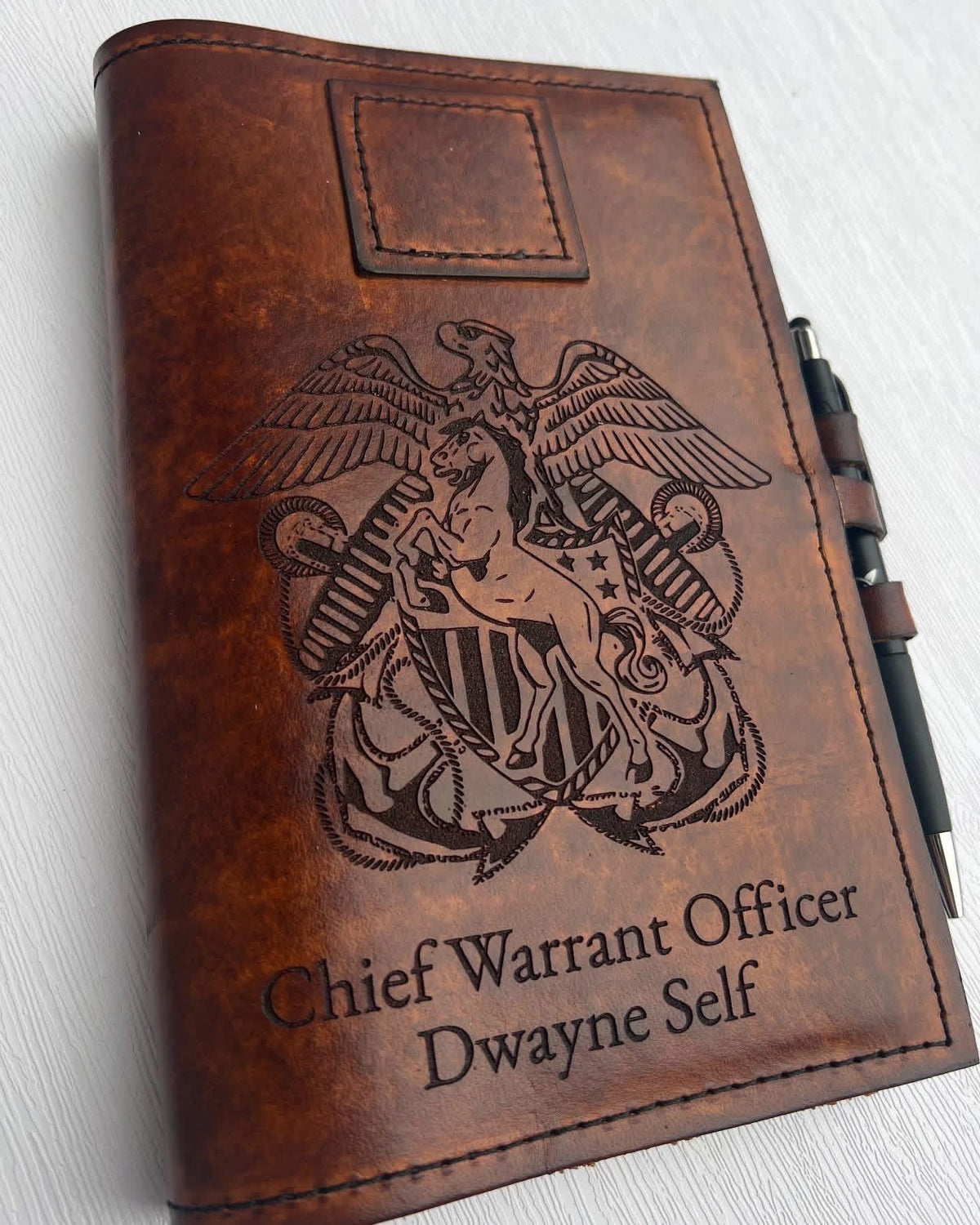 U.S. Navy Mustang Leather Green Book Cover | Personalized Prior Enlisted Officer Notebook