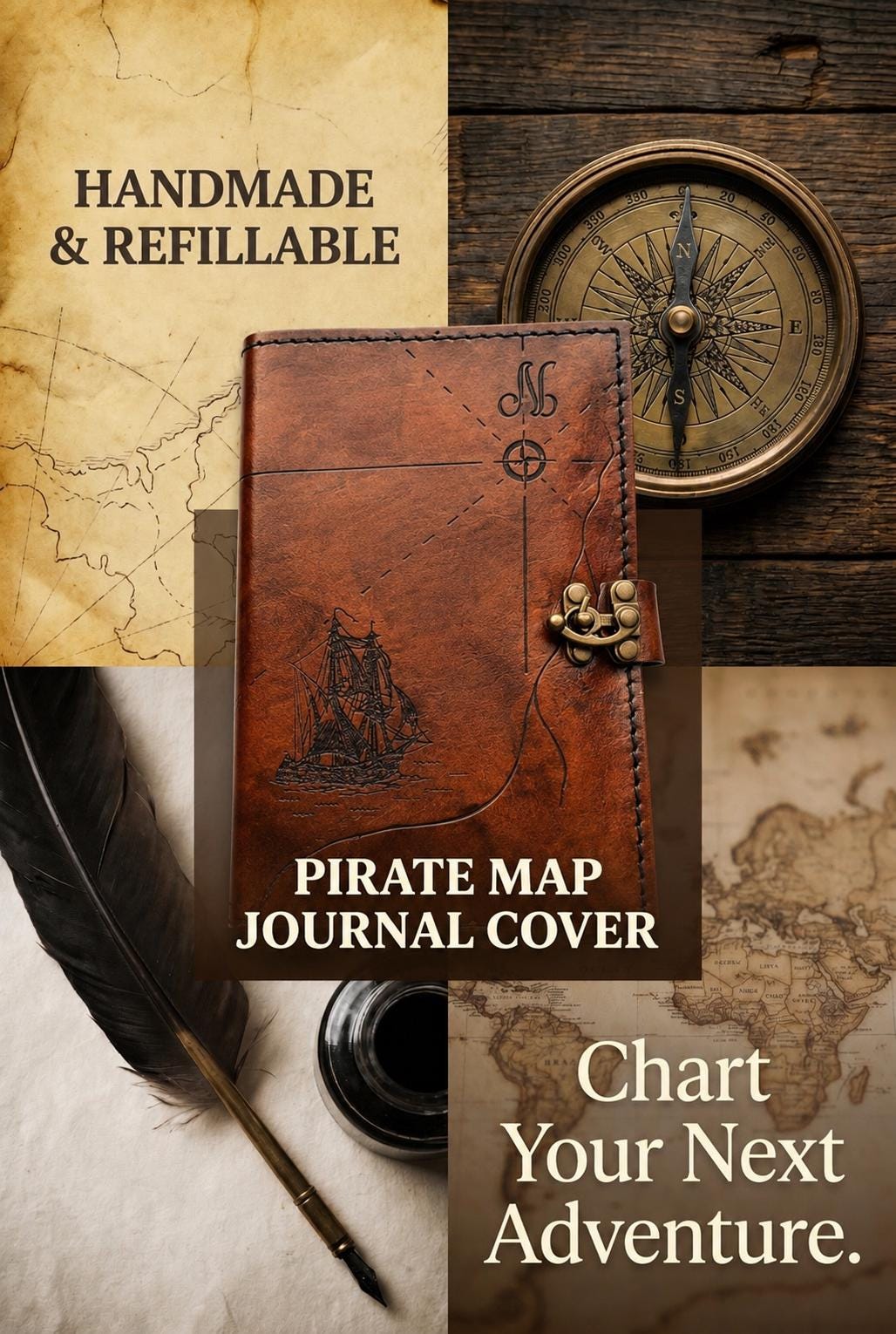 Pirate Map Leather Book Cover | Personalized Nautical Journal | Custom Military Green Book Cover