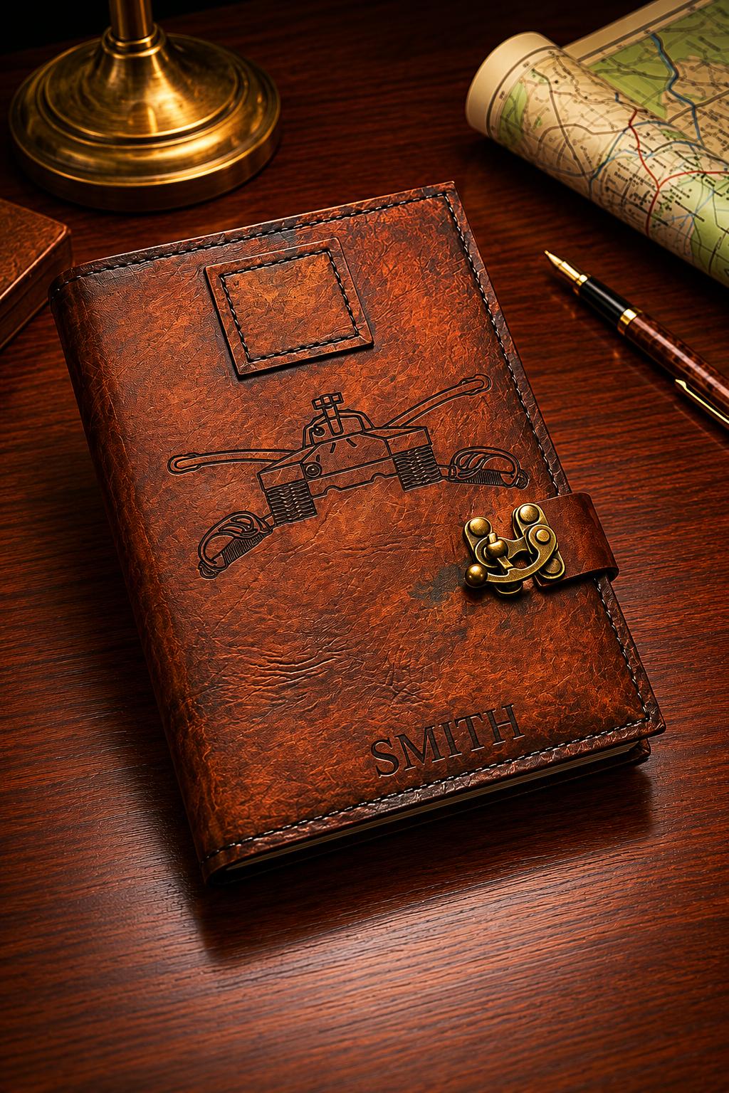 US Army Armor Insignia Leather Book Cover, Personalized Military Leader Book Journal