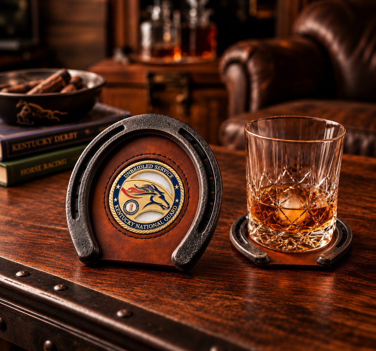 Military Challenge Coin Display Coaster | Leather Horseshoe Coaster | Veteran Gift | Military Retirement Gift | Coin Holder