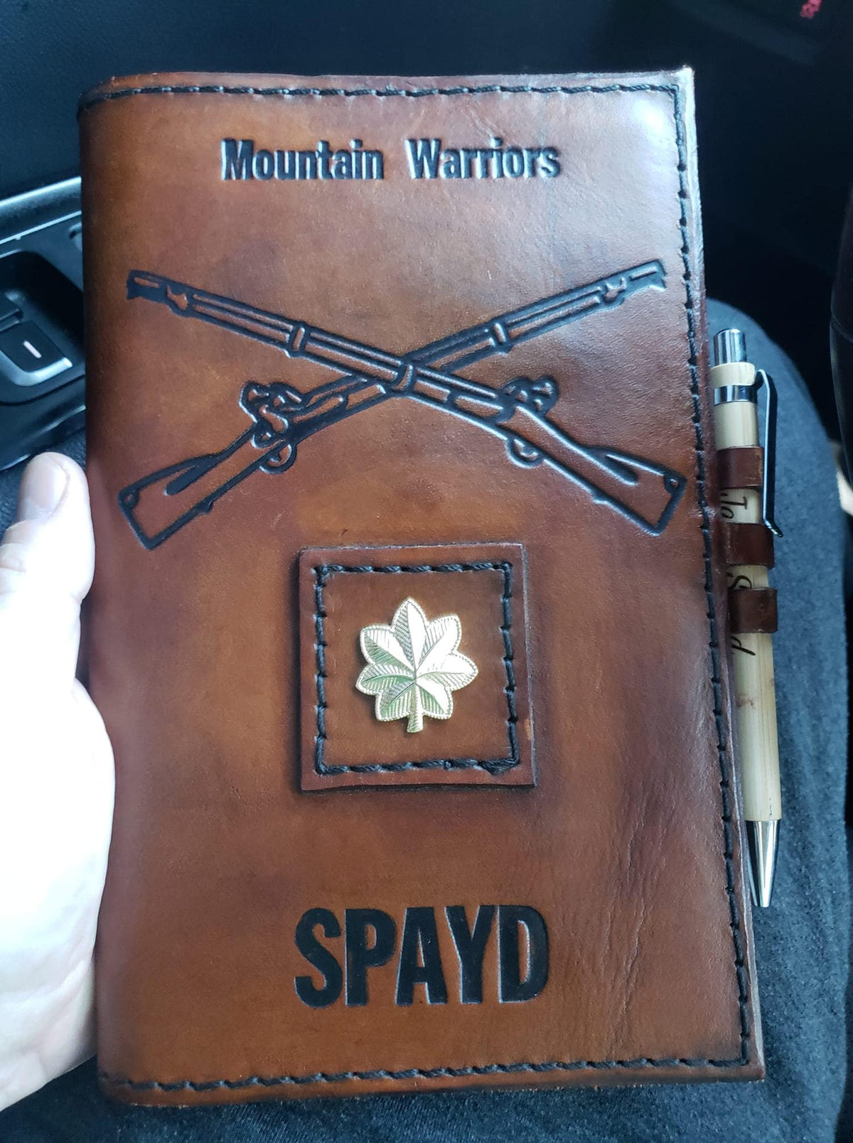 U.S. Army Infantry Crossed Rifles Leather Green Book Cover | Personalized Military Leader's Notebook