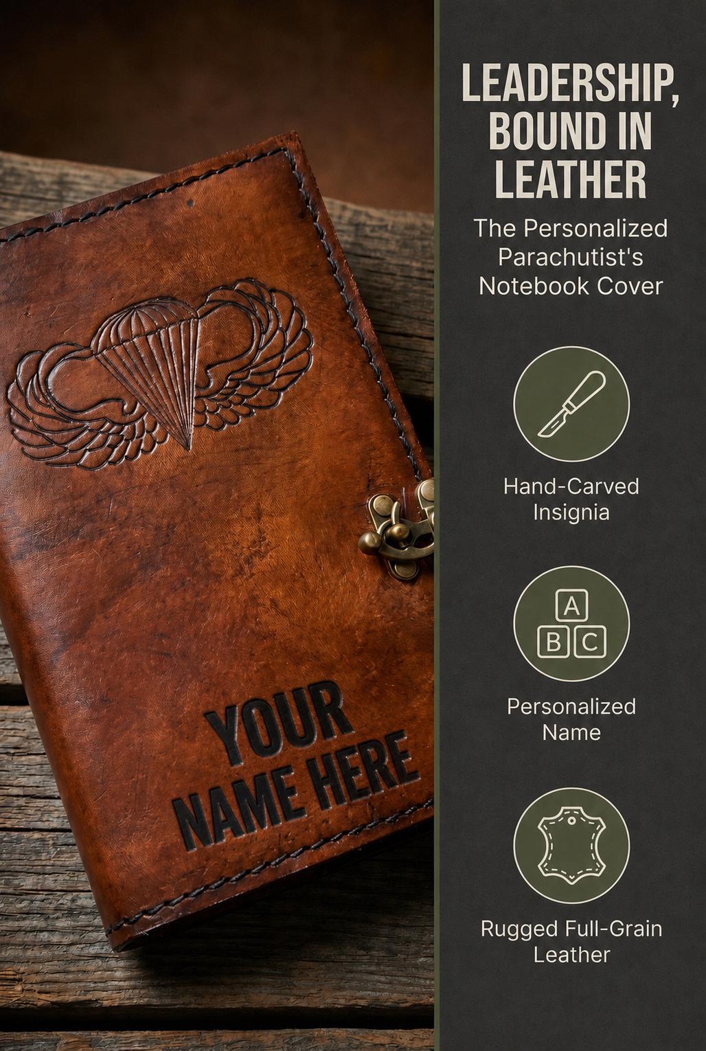 Personalized Parachutist Wings Leather Green Book Cover | Basic, Senior, Master &amp; Rigger