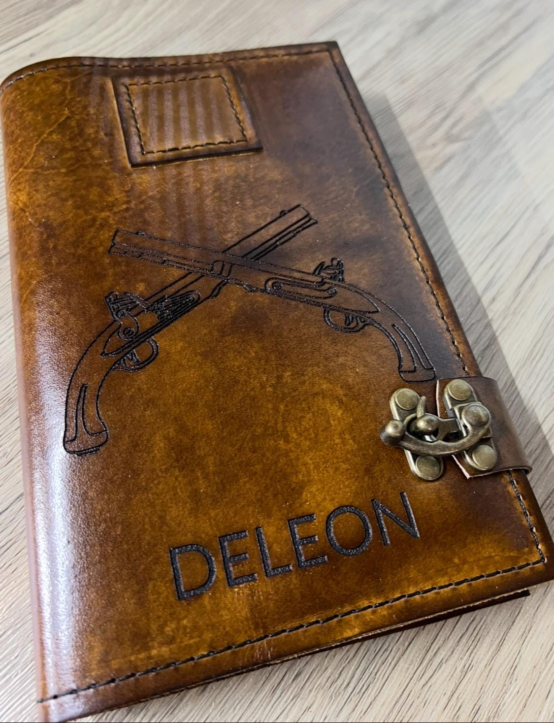 U.S. Army Military Police Crossed Pistols Leather Green Book Cover | Personalized MP Notebook Cover