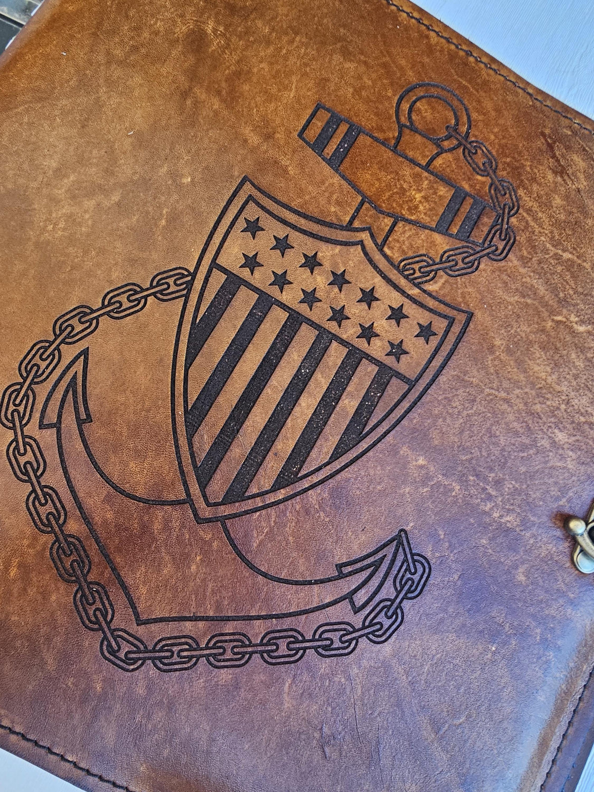 Personalized Leather USCG Chief Charge Book, Anchor Design, 3 Ring Binder Cover