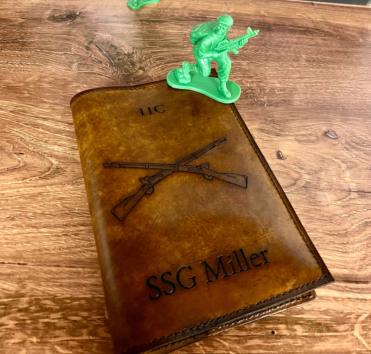 U.S. Army Infantry Crossed Rifles Leather Green Book Cover | Personalized Military Leader's Notebook