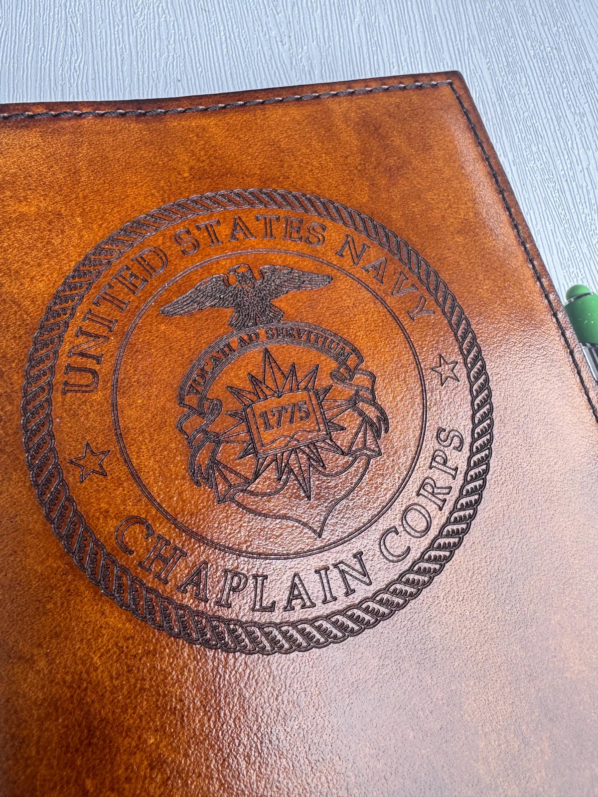 U.S. Navy Chaplain Corps Leather Book Cover | Personalized Military Green Book Cover