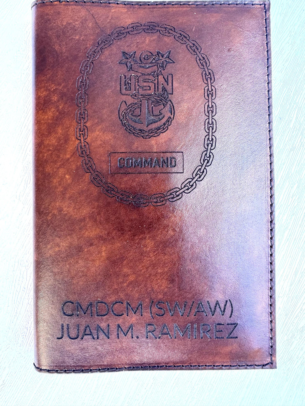 U.S. Navy Command Senior Chief Leather Book Cover | Personalized USN Military Notebook Cover