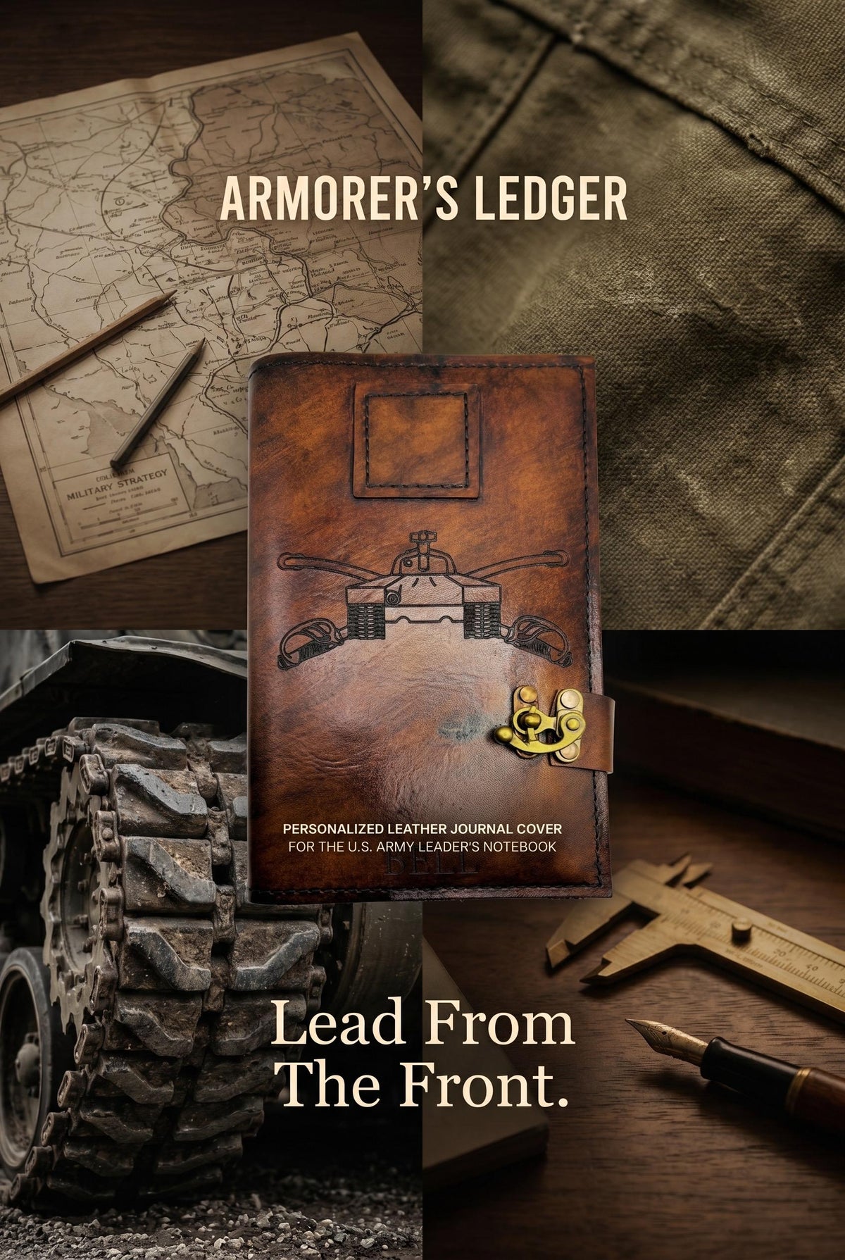 US Army Armor Insignia Leather Book Cover, Personalized Military Leader Book Journal
