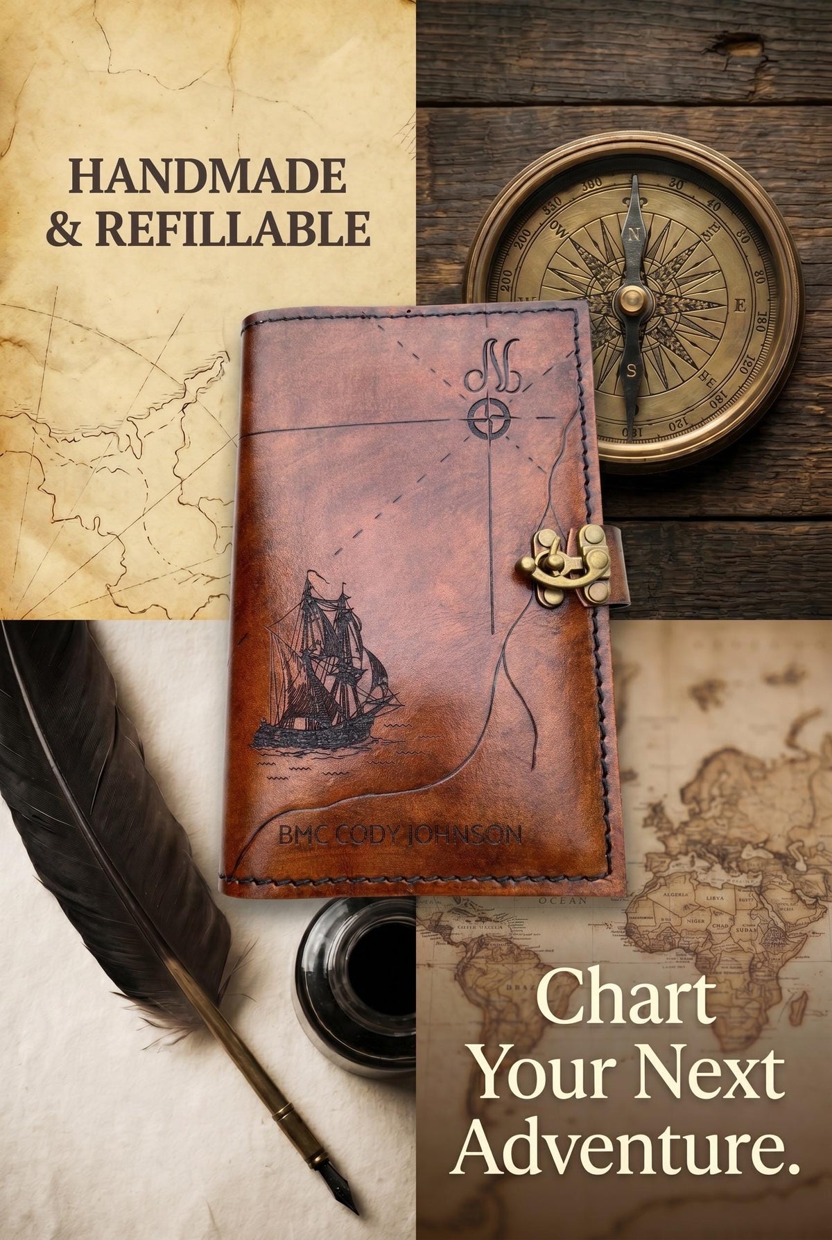 Pirate Map Leather Book Cover | Personalized Nautical Journal | Custom Military Green Book Cover
