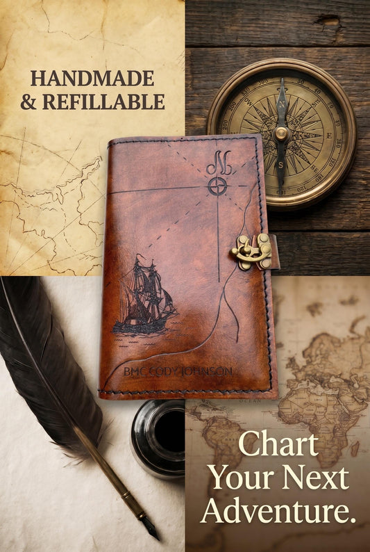 Pirate Map Leather Book Cover | Personalized Nautical Journal | Custom Military Green Book Cover