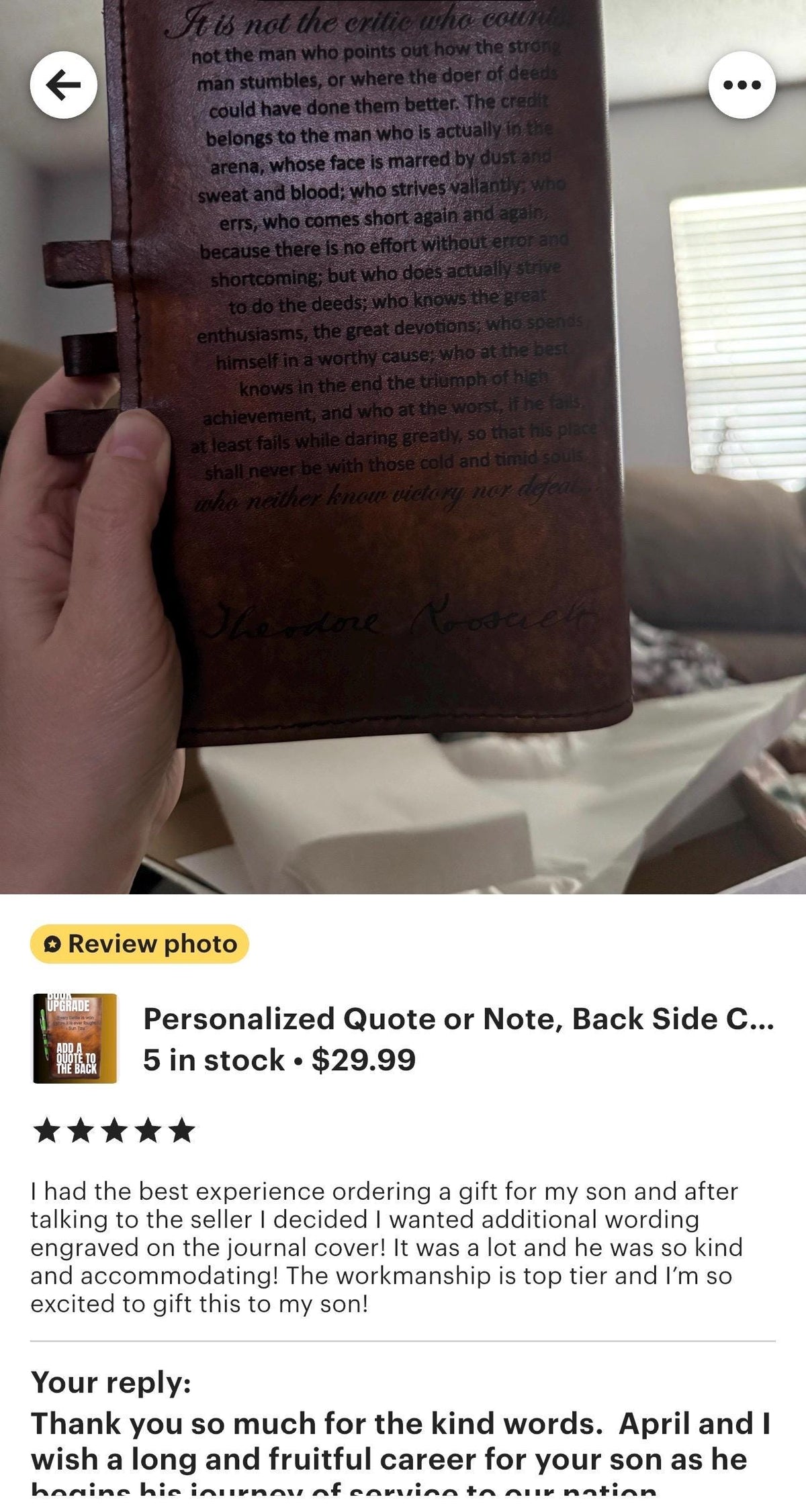 UPGRADE - Custom Quote Engraving Upgrade | Add a Personalized Quote to the Back of Your Leather Book Cover